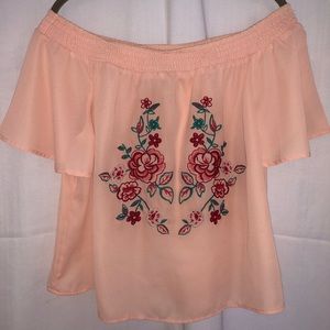 Peach Embroidered Across-the-Shoulder Top